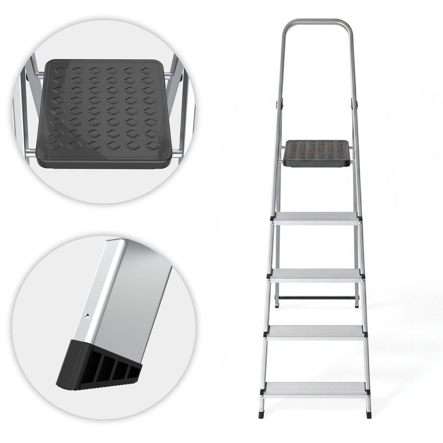 Aluminum 5-Step Ladder, Foldable with Platform, 150 kg Capacity