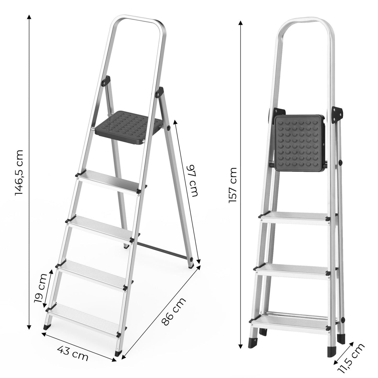 Aluminum 5-Step Ladder, Foldable with Platform, 150 kg Capacity