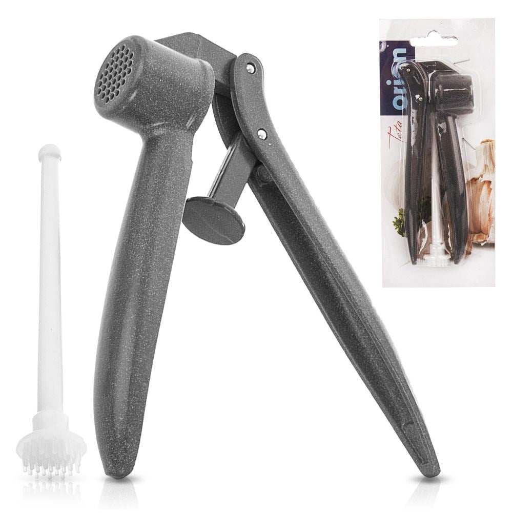 Aluminum garlic press with cleaning tool