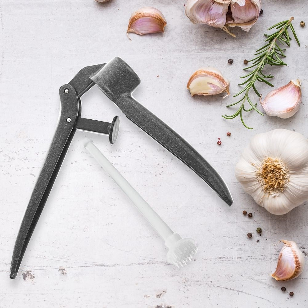Aluminum garlic press with cleaning tool