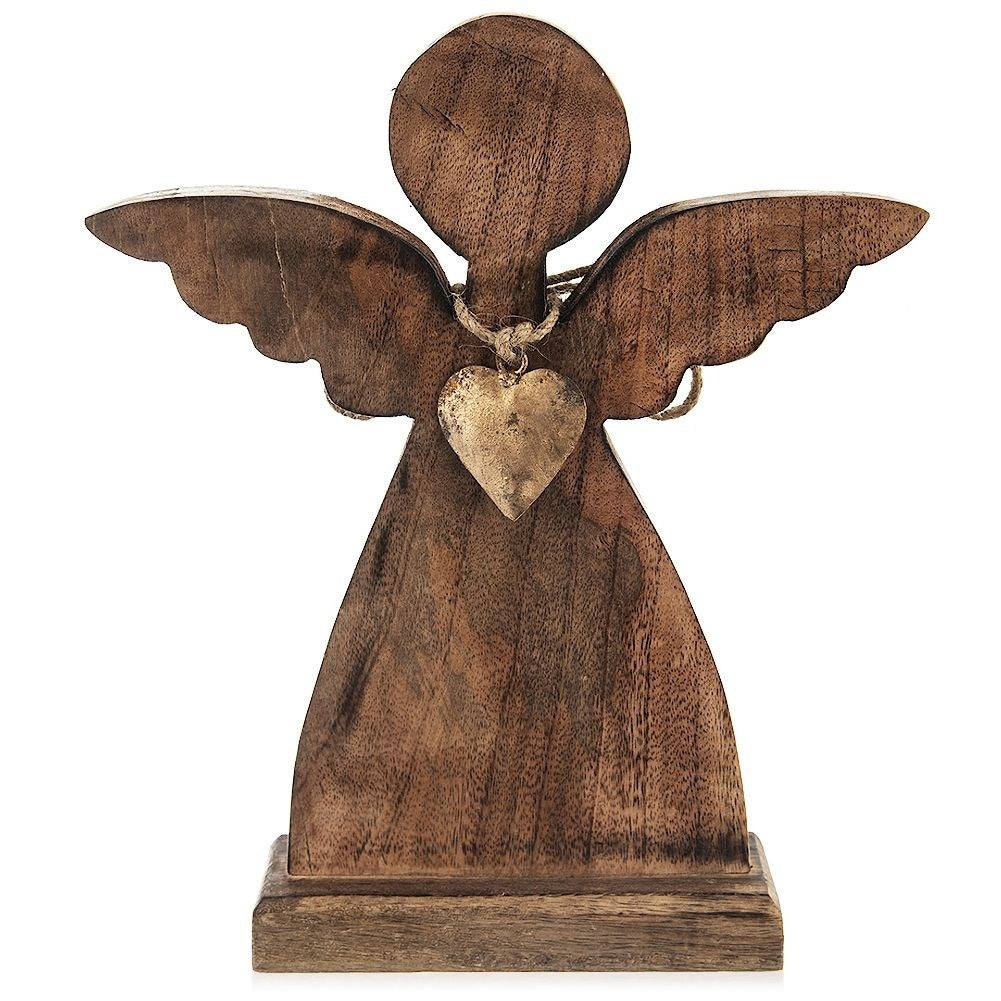 Angel in mango wood with gold heart - Perfect gift idea