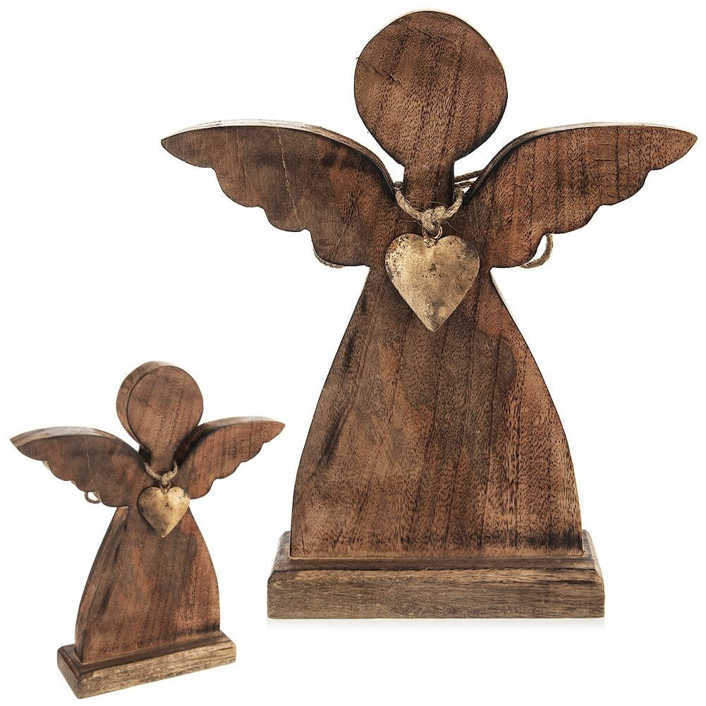 Angel in mango wood with gold heart - Perfect gift idea