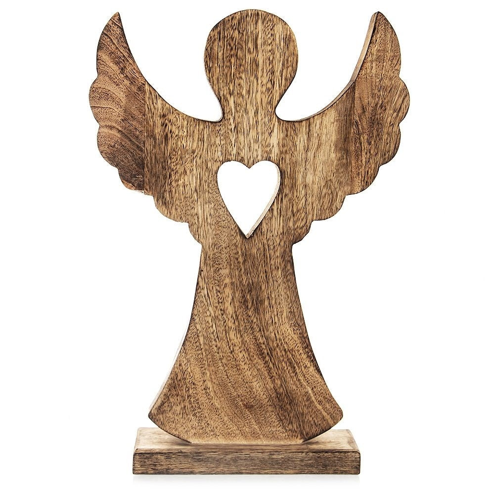 Angel in mango wood with heart - natural decoration