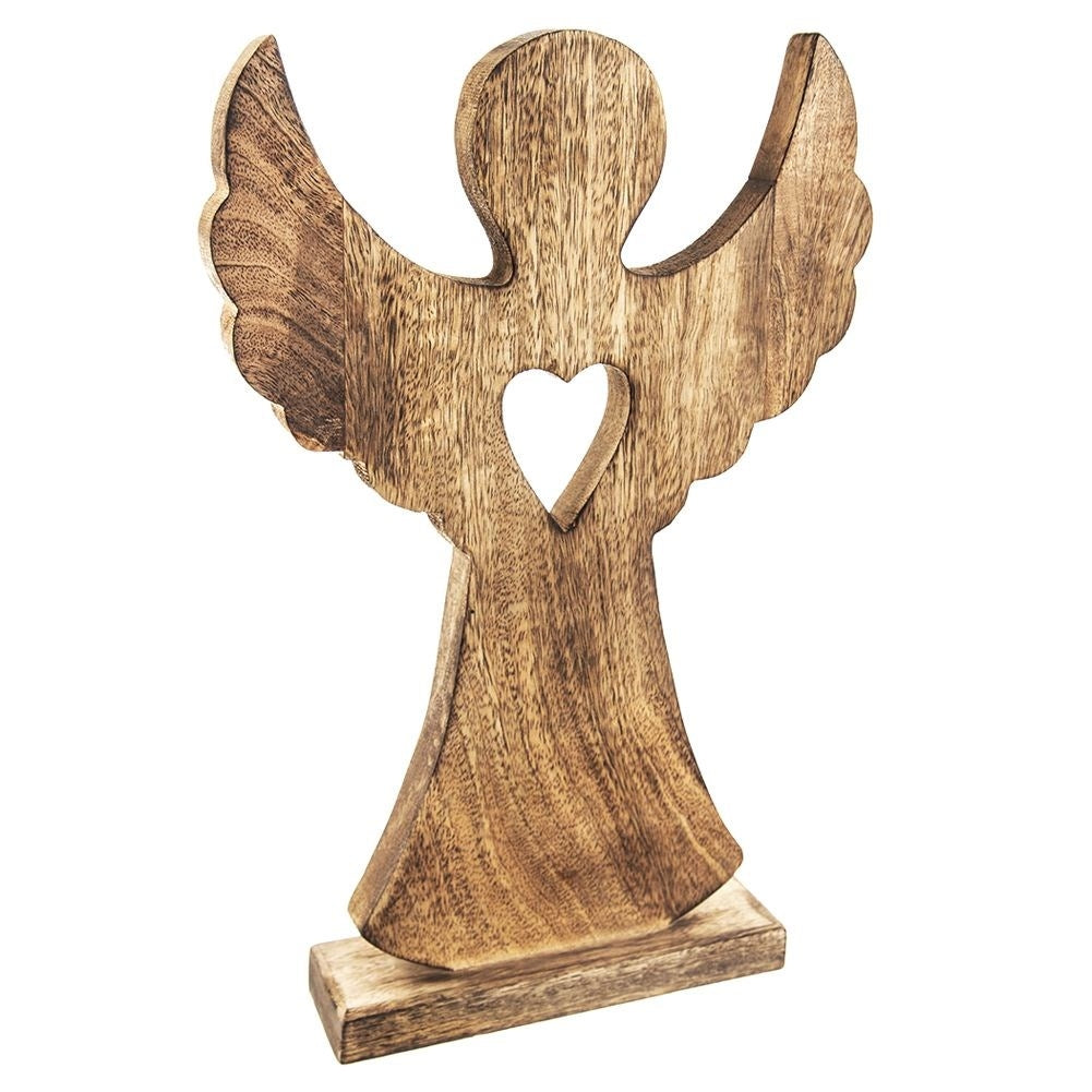Angel in mango wood with heart - natural decoration