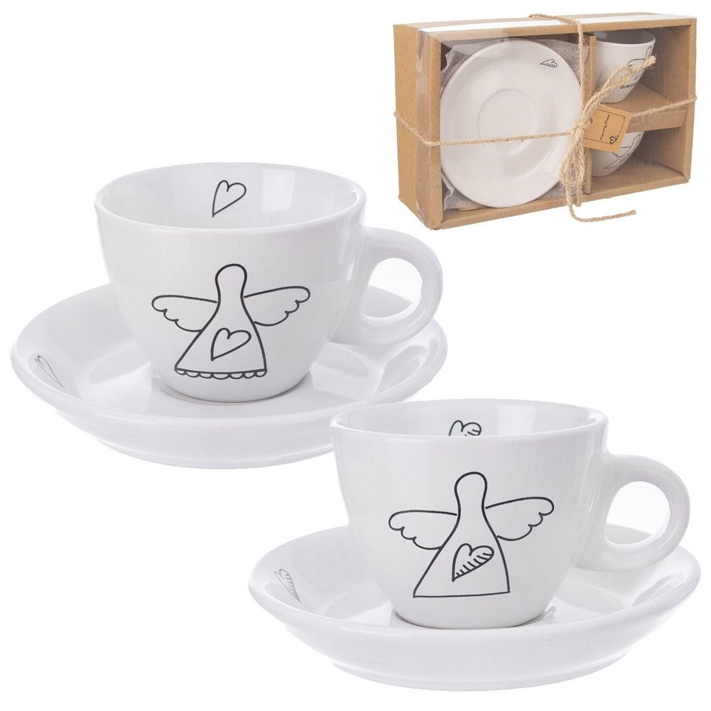 Angel motif espresso set: 2 cups & saucer in white ceramic