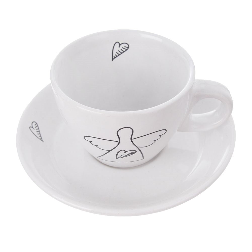 Angel motif espresso set: 2 cups & saucer in white ceramic