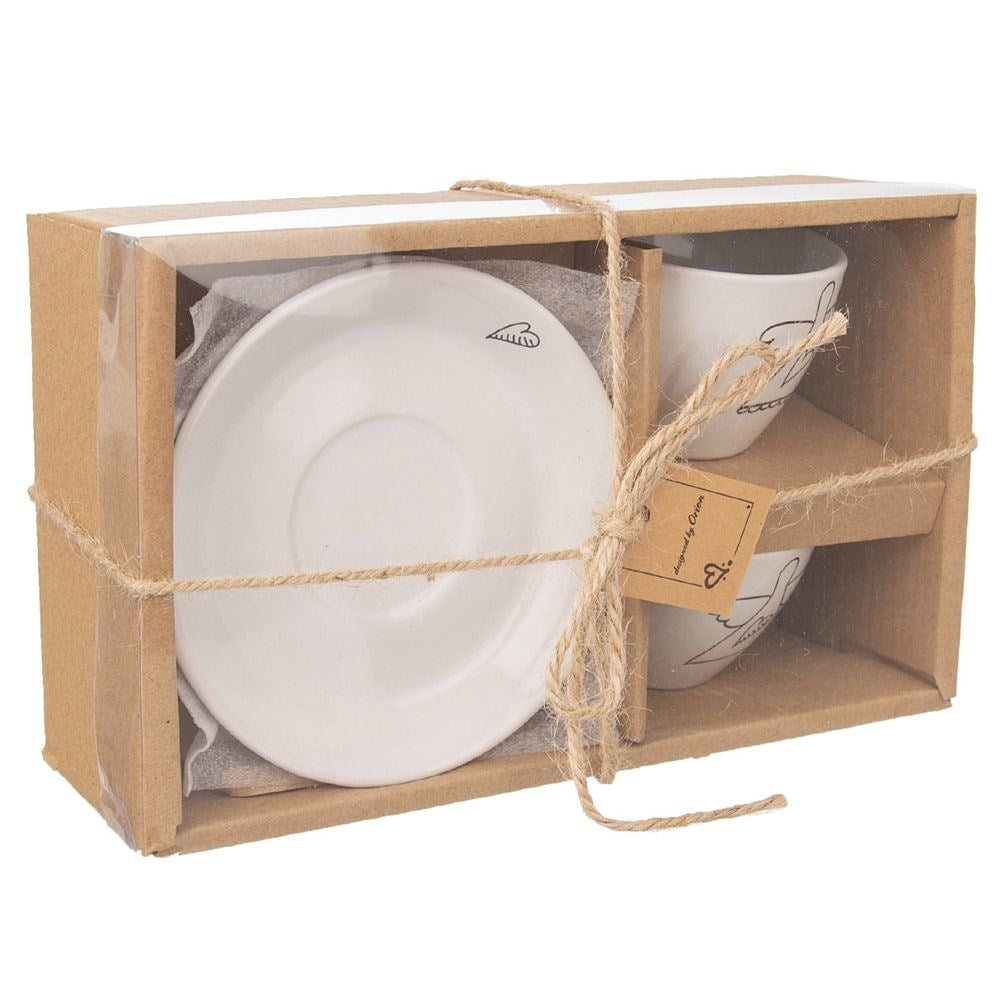 Angel motif espresso set: 2 cups & saucer in white ceramic