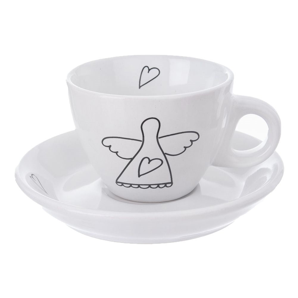 Angel motif espresso set: 2 cups & saucer in white ceramic