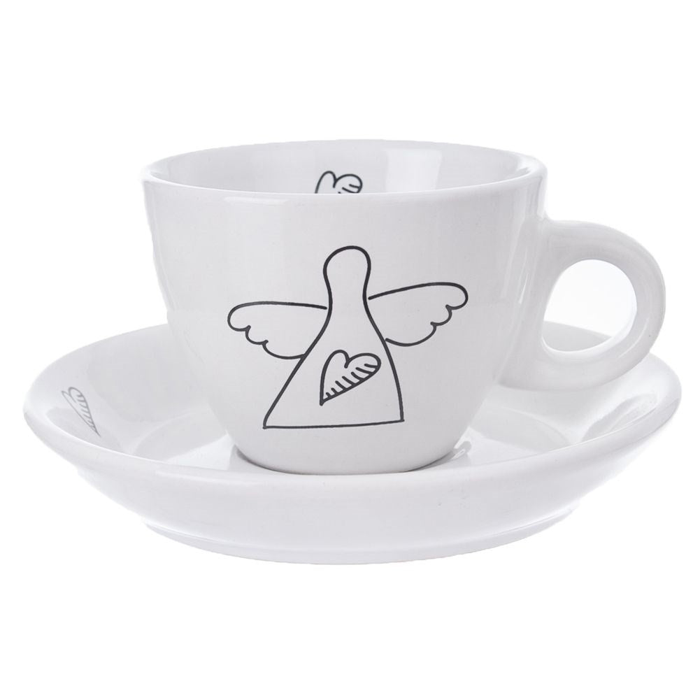 Angel motif espresso set: 2 cups & saucer in white ceramic