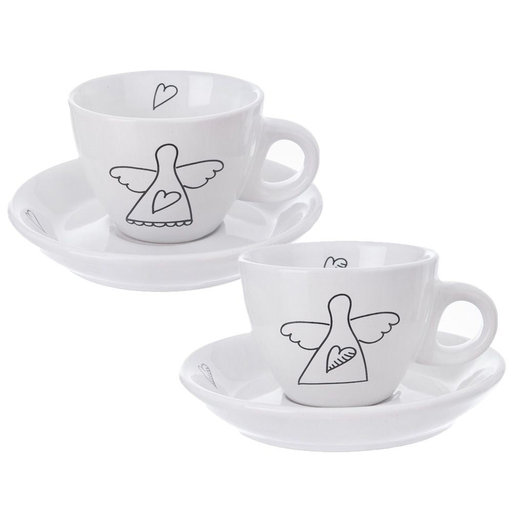 Angel motif espresso set: 2 cups & saucer in white ceramic
