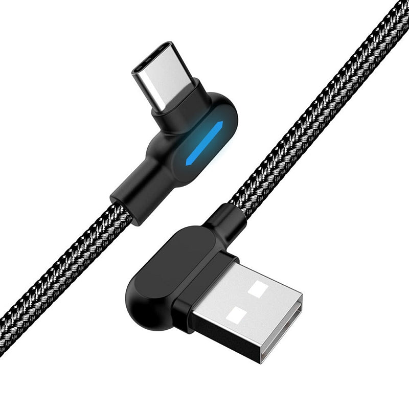 Angled USB-C Cable with LED indicator 2.4A, 12W, 1m - Black