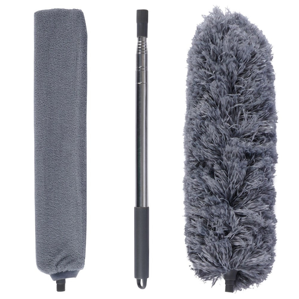 Antistatic dust brush with telescopic handle and two brush heads