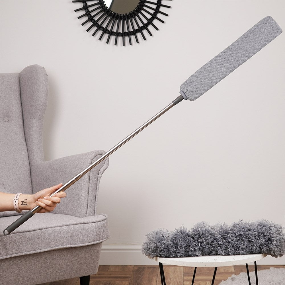 Antistatic dust brush with telescopic handle and two brush heads