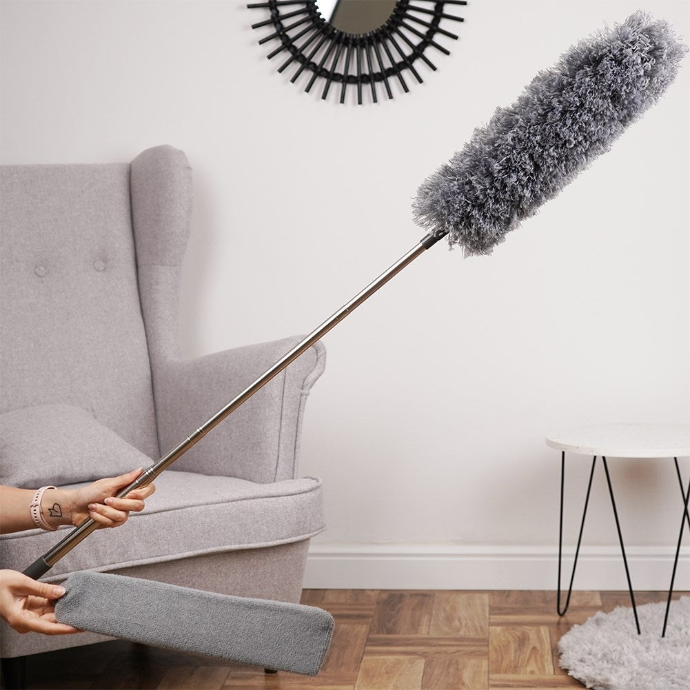 Antistatic dust brush with telescopic handle and two brush heads