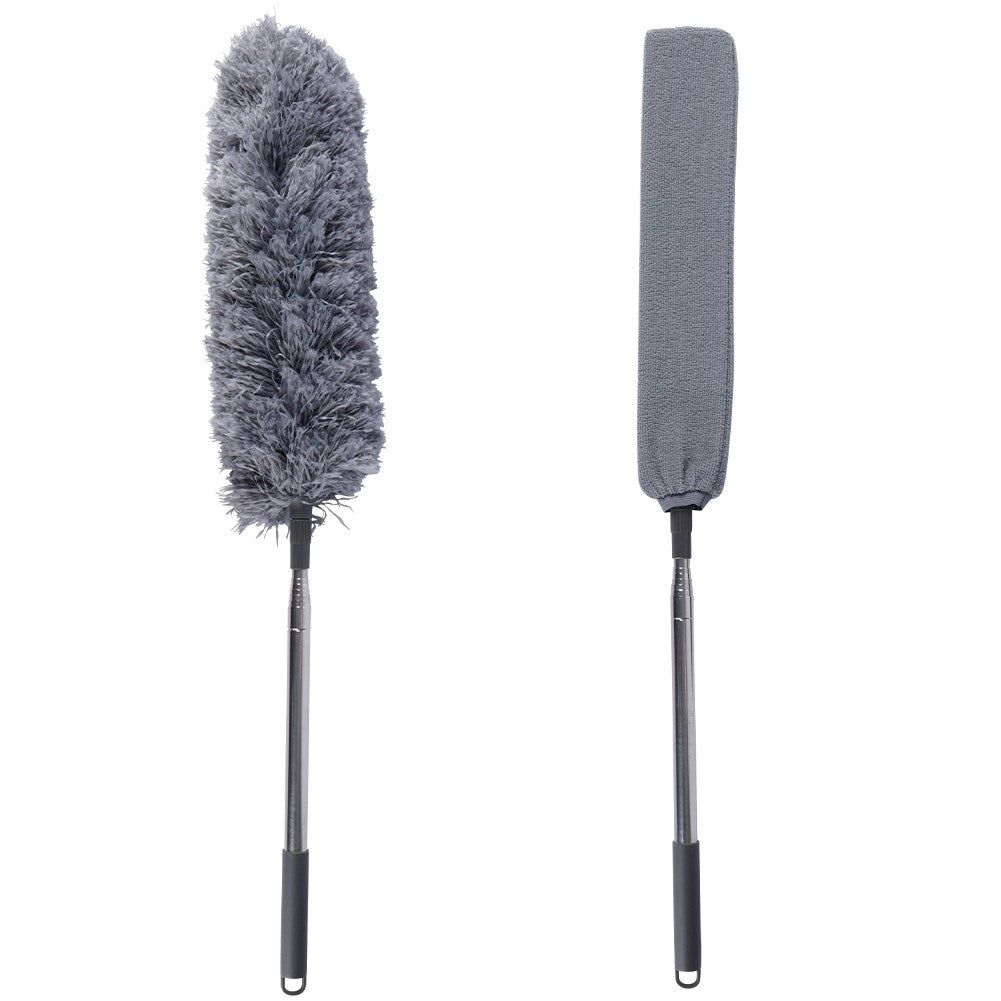 Antistatic dust brush with telescopic handle and two brush heads