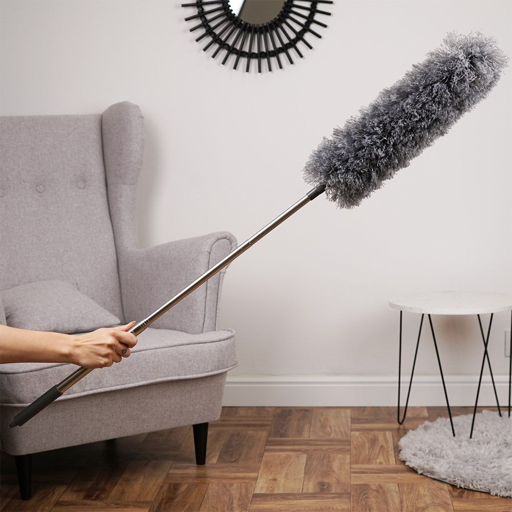 Antistatic dust brush with telescopic handle and two brush heads