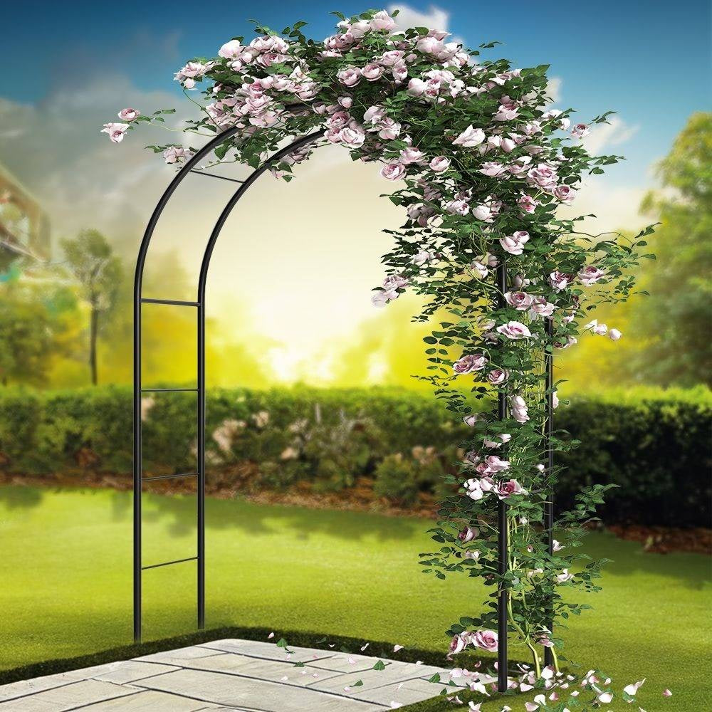 Arched garden pergola for climbing plants in dark green metal