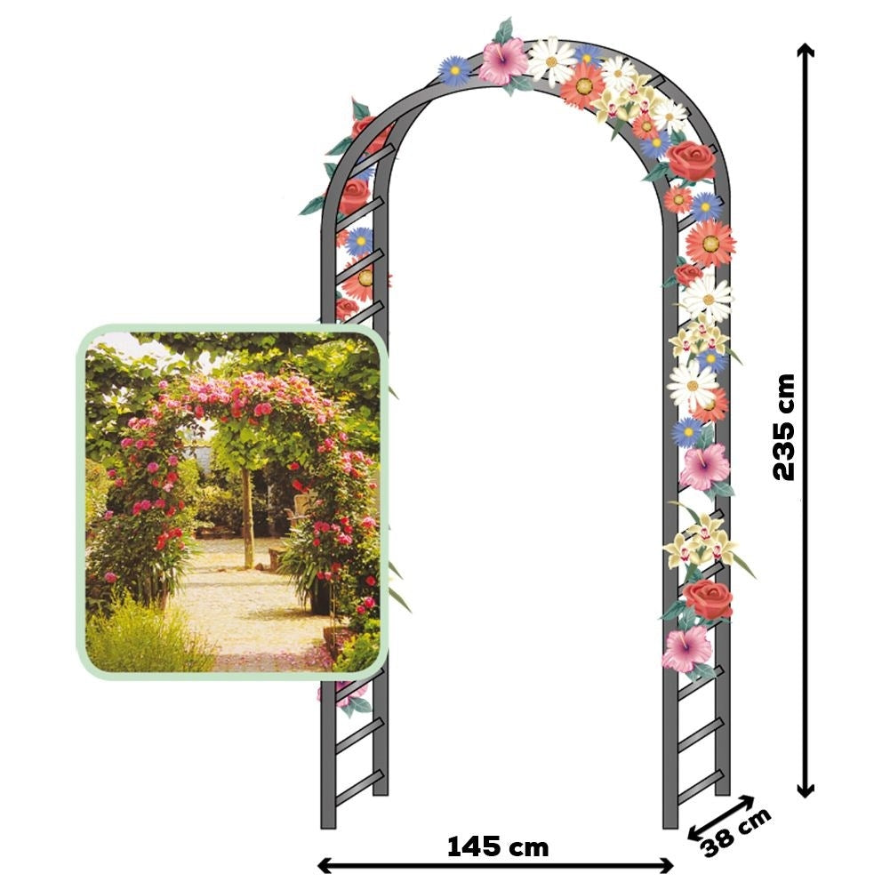 Arched garden pergola for climbing plants in dark green metal