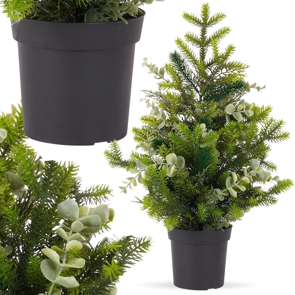 Artificial Christmas tree with eucalyptus leaves in black pot, 55 cm