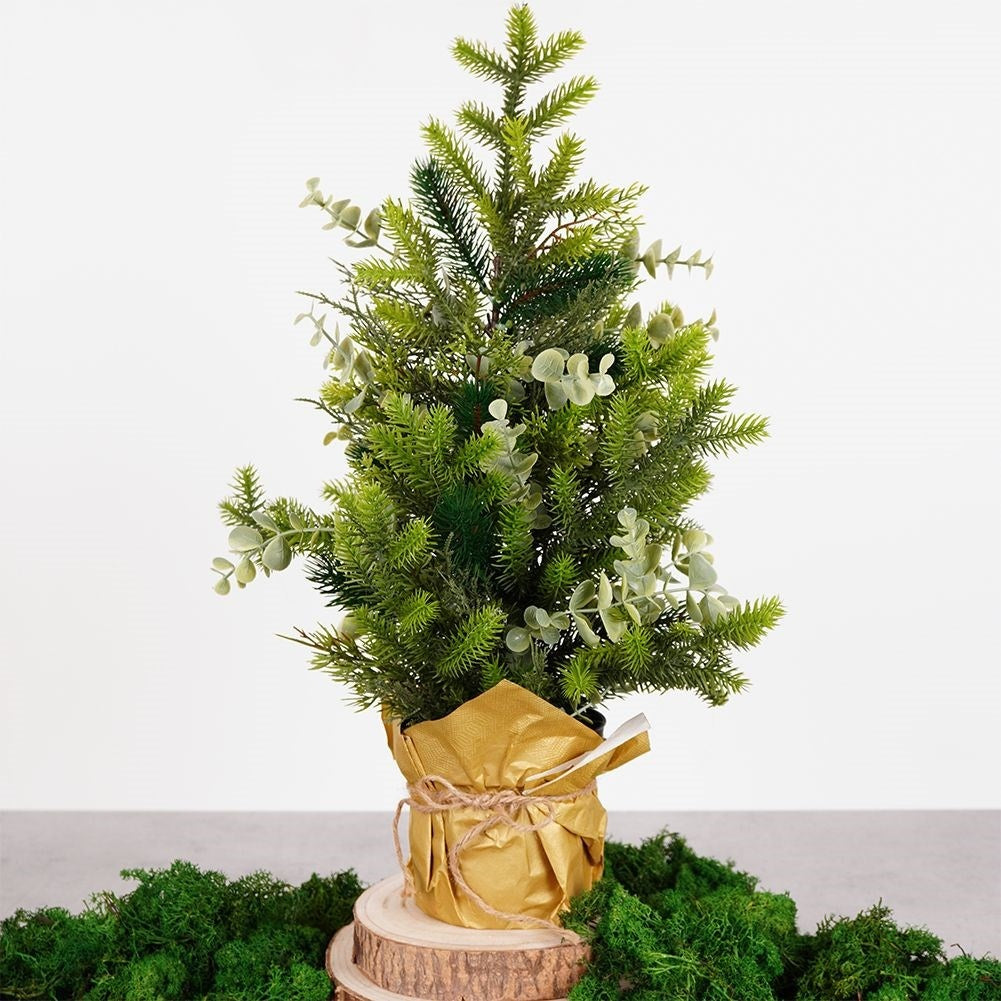 Artificial Christmas tree with eucalyptus leaves in black pot, 55 cm
