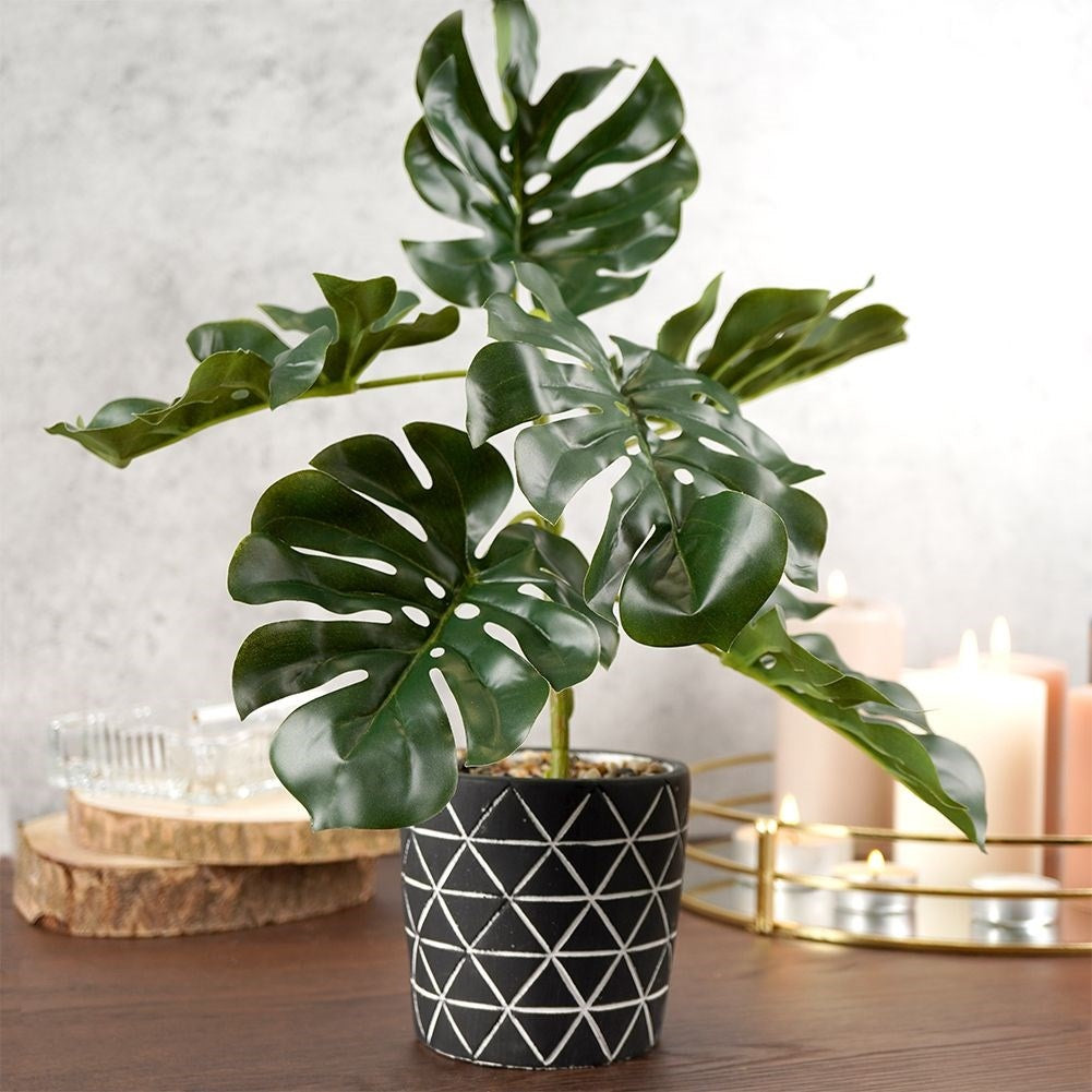 Artificial Monstera in Realistic Cement Pot