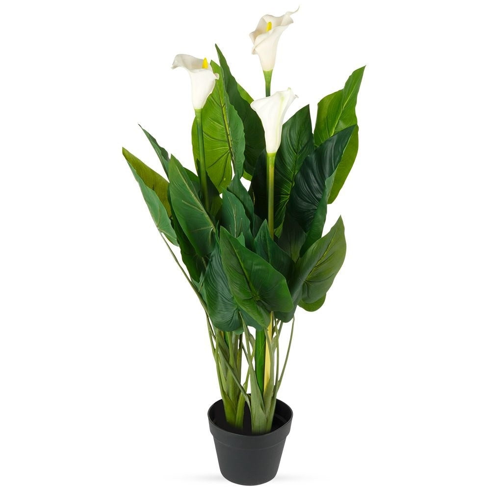 Artificial cold plant with three flowers in black pot