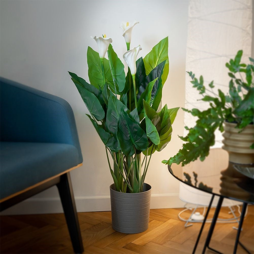 Artificial cold plant with three flowers in black pot