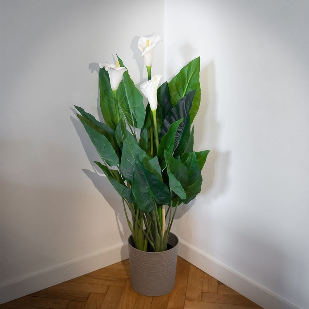 Artificial cold plant with three flowers in black pot
