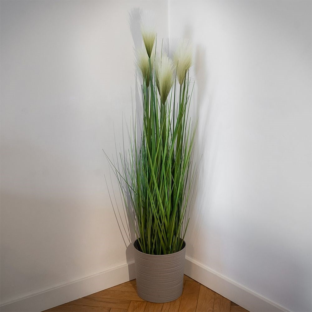 Artificial pampas grass in black pot with five flowers