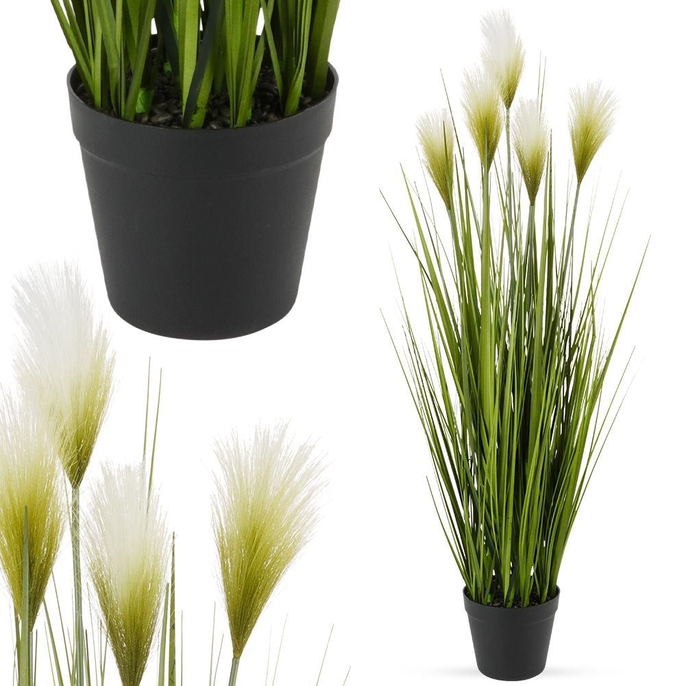 Artificial pampas grass in black pot with five flowers