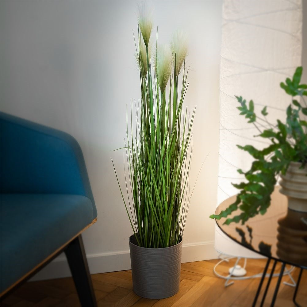 Artificial pampas grass in black pot with five flowers