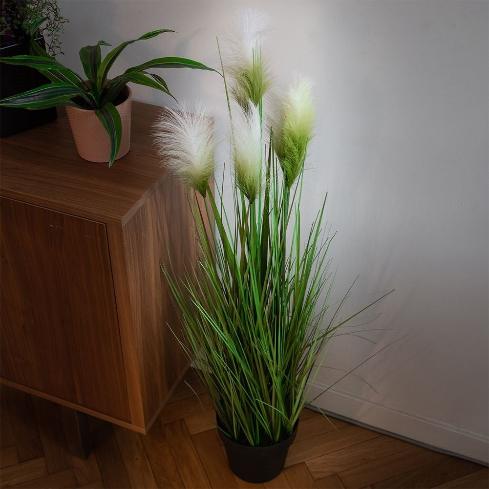 Artificial pampas grass with 5 flowers in black pot