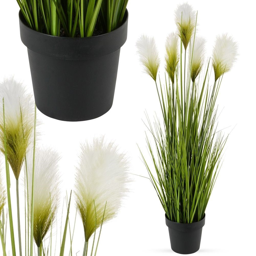 Artificial pampas grass with 5 flowers in black pot