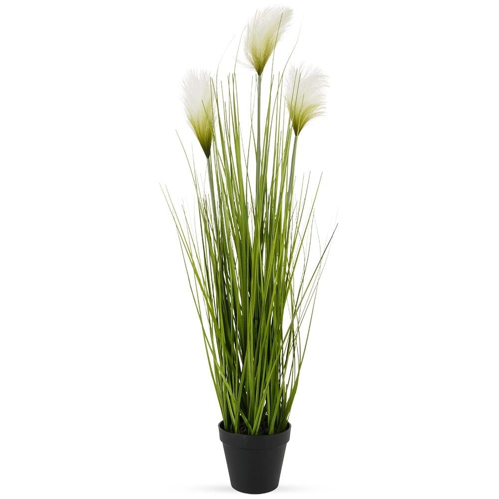 Artificial pampas grass with three flowers in black pot