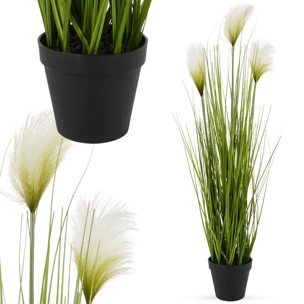 Artificial pampas grass with three flowers in black pot