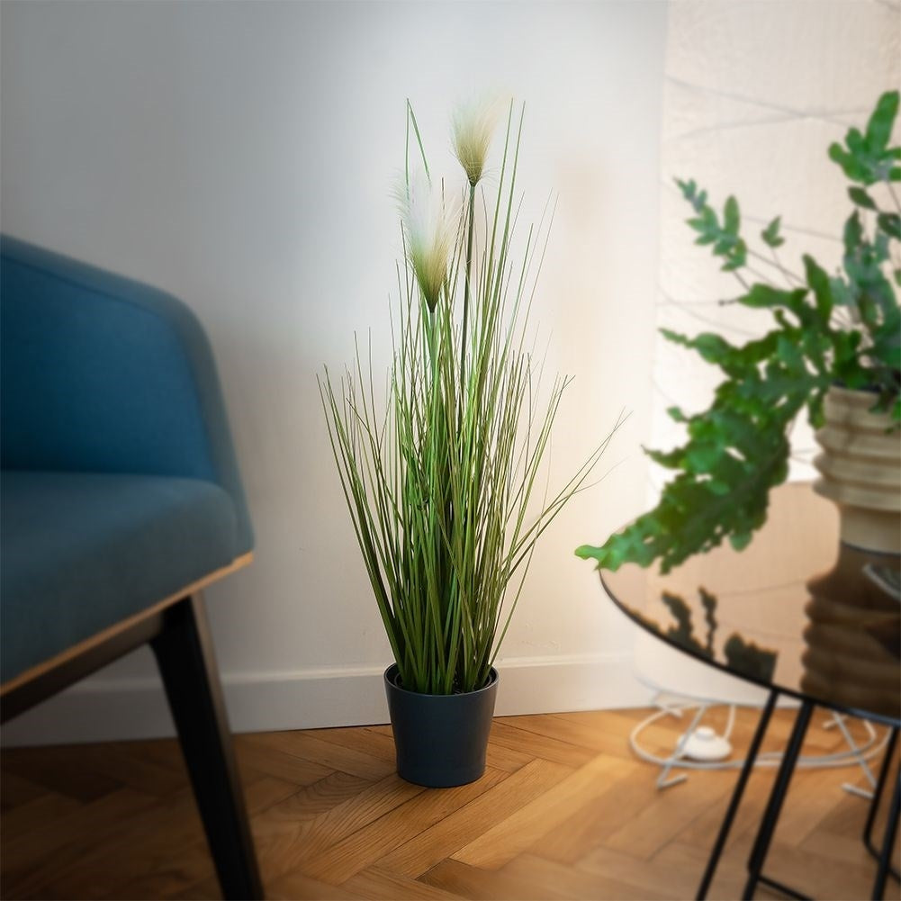 Artificial pampas grass with three flowers in black pot