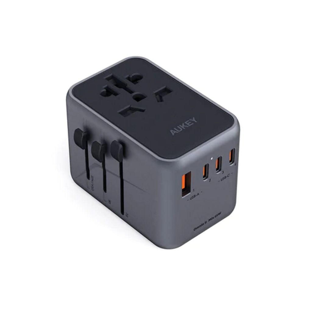 Aukey Universal Travel Adapter with USB ports, 65W - Black