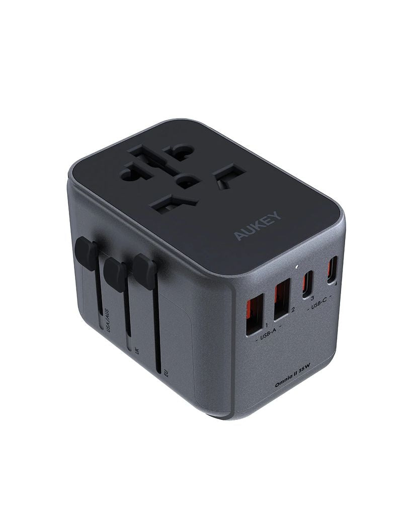 Aukey Universal travel adapter with 4x USB-C and 1x USB-A port, 100W - Gray