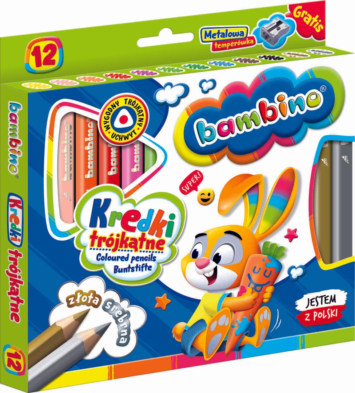 BAMBINO Wooden-framed triangular pencils 12 colours + sharpener