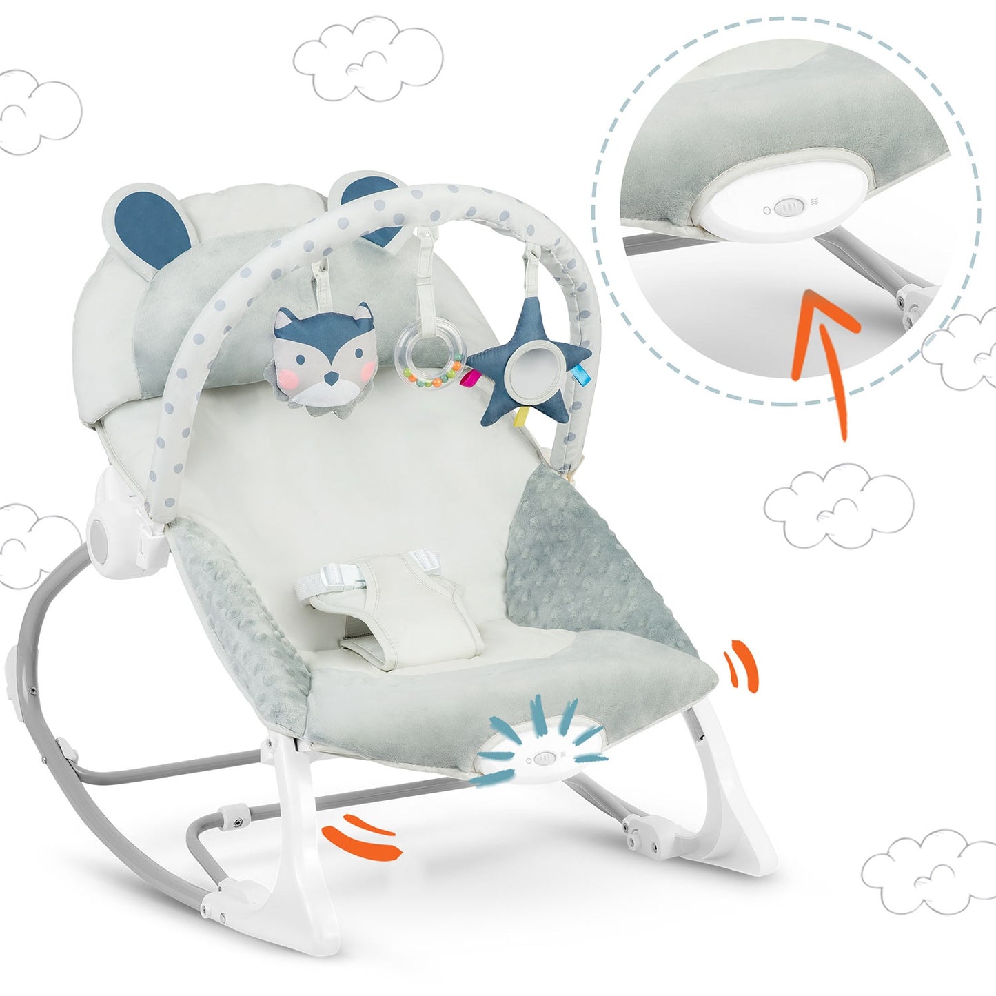 Baby Rocker with Vibration, Grey – Soft Fabric, Safe Design