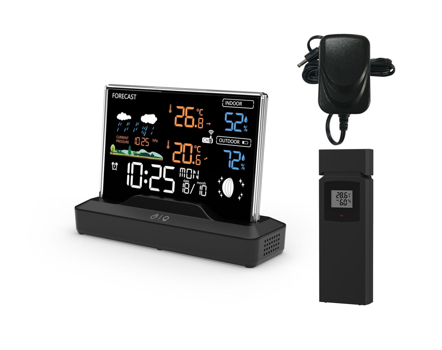 Backlit weather station with LCD display, wireless, with outdoor sensor, thermometer, barometer, clock