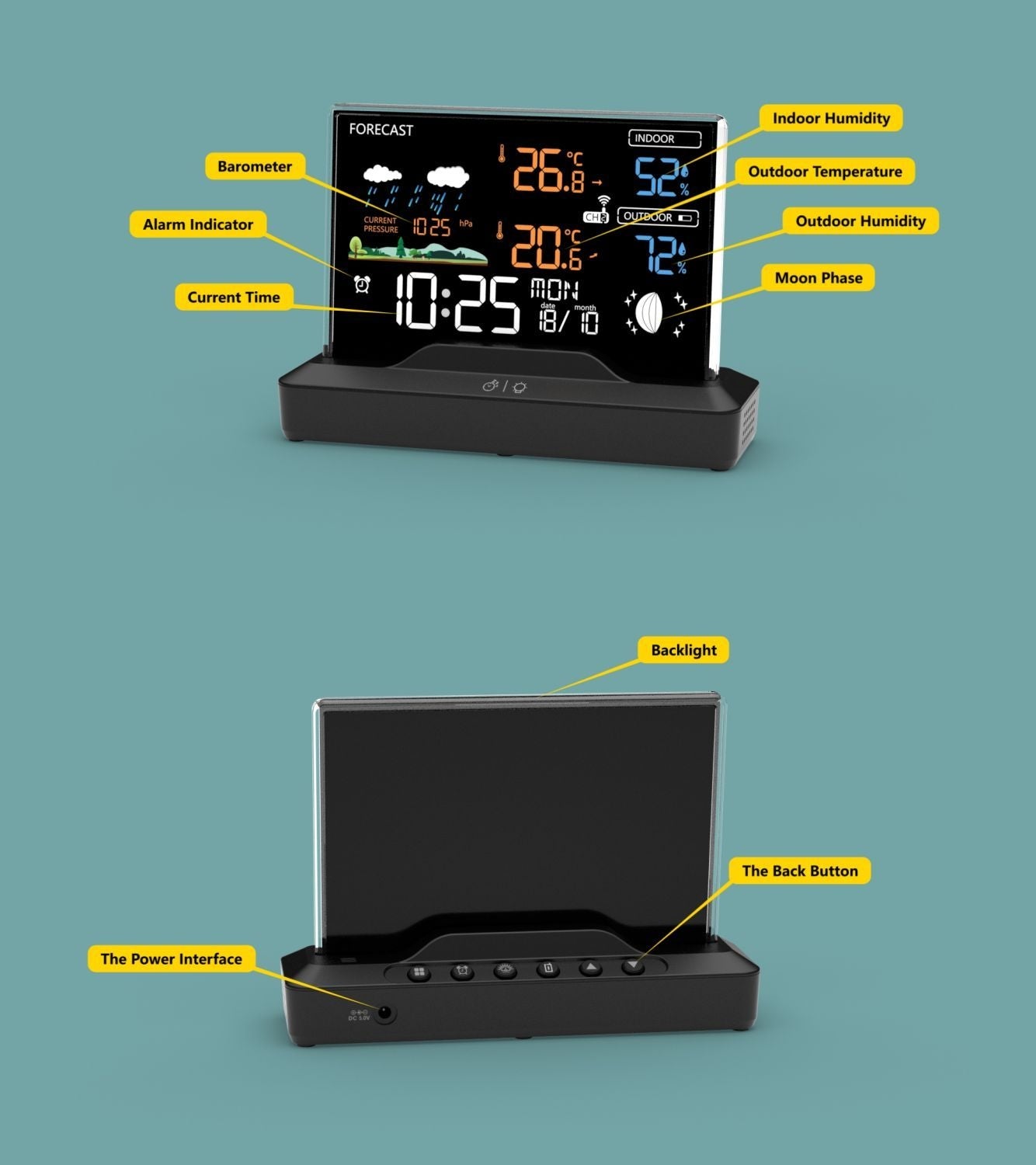 Backlit weather station with LCD display, wireless, with outdoor sensor, thermometer, barometer, clock