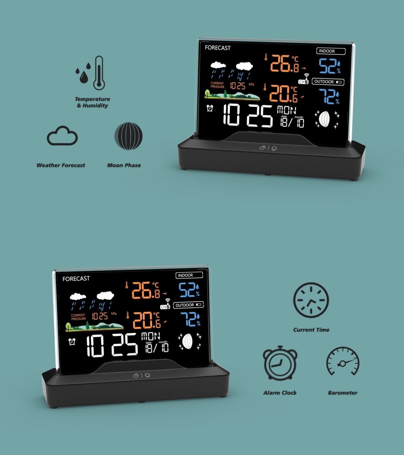 Backlit weather station with LCD display, wireless, with outdoor sensor, thermometer, barometer, clock