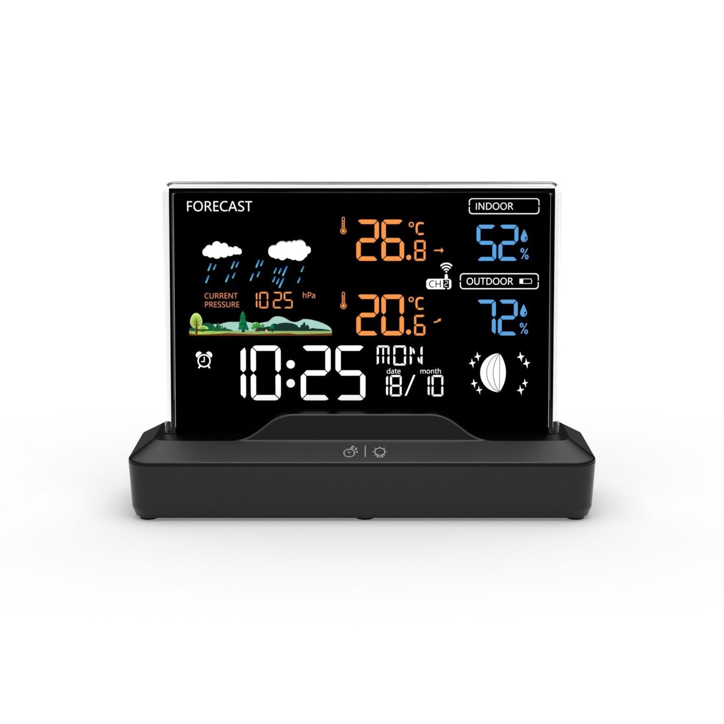 Backlit weather station with LCD display, wireless, with outdoor sensor, thermometer, barometer, clock