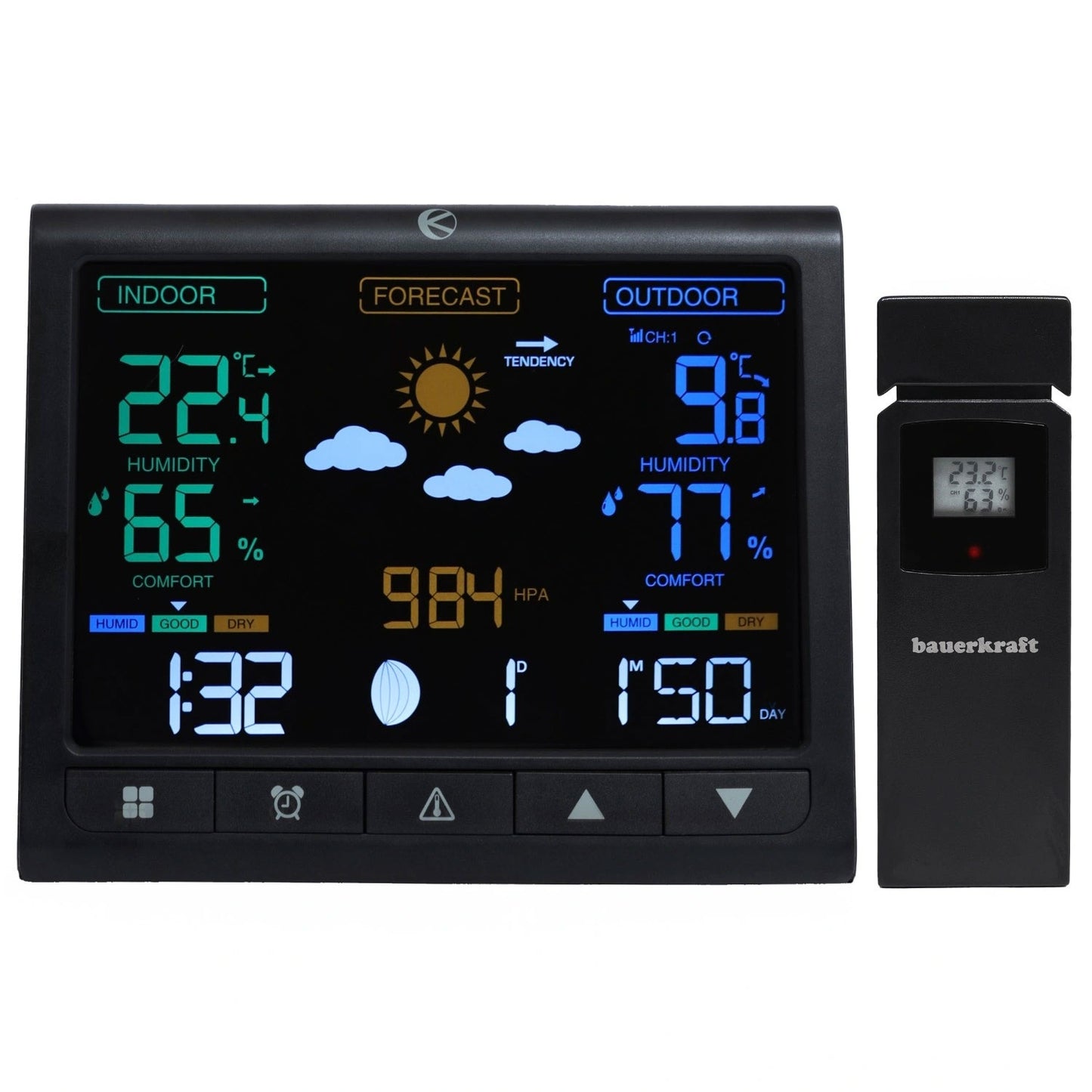 Backlit wireless weather station with outdoor sensor, LCD display, thermometer, barometer, clock