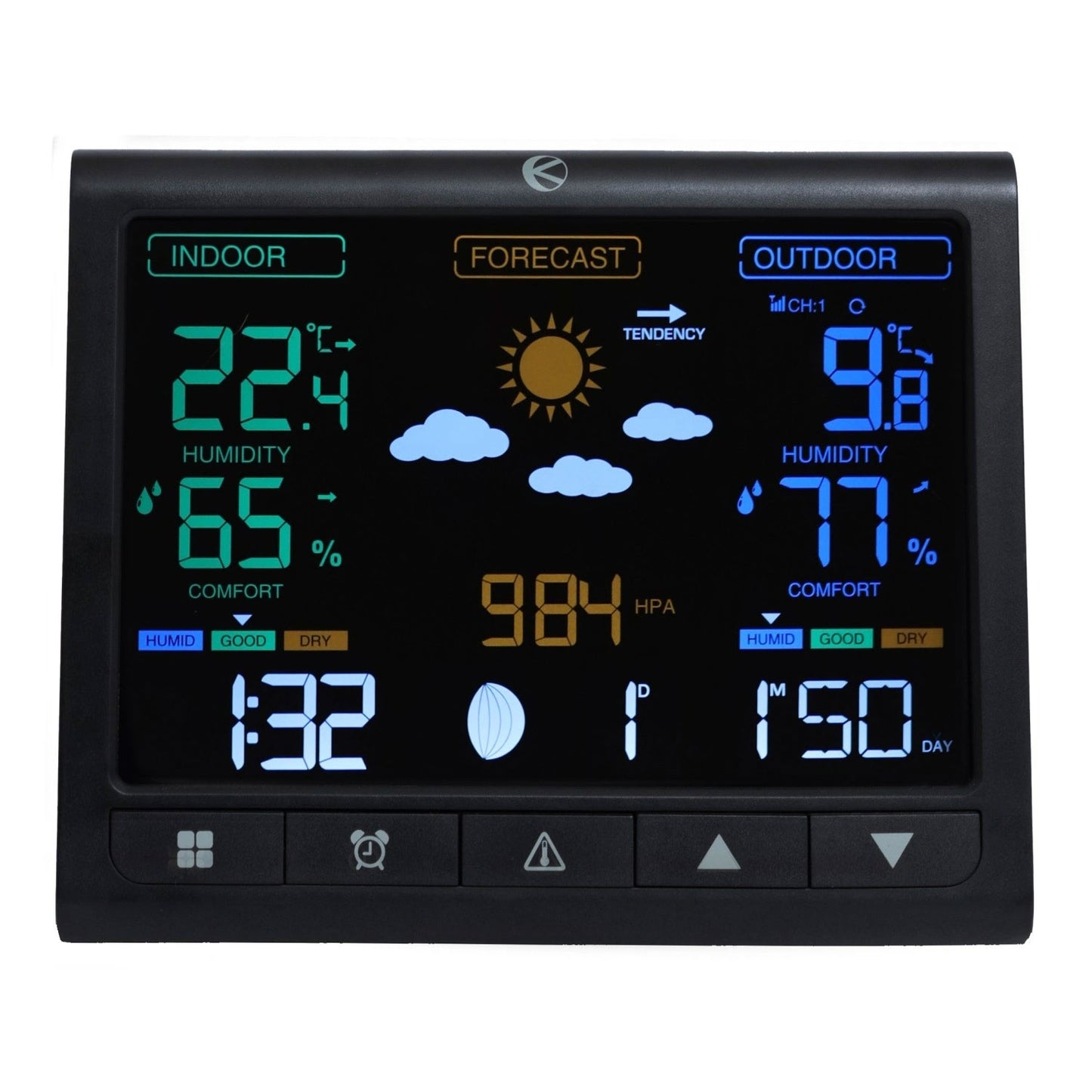 Backlit wireless weather station with outdoor sensor, LCD display, thermometer, barometer, clock