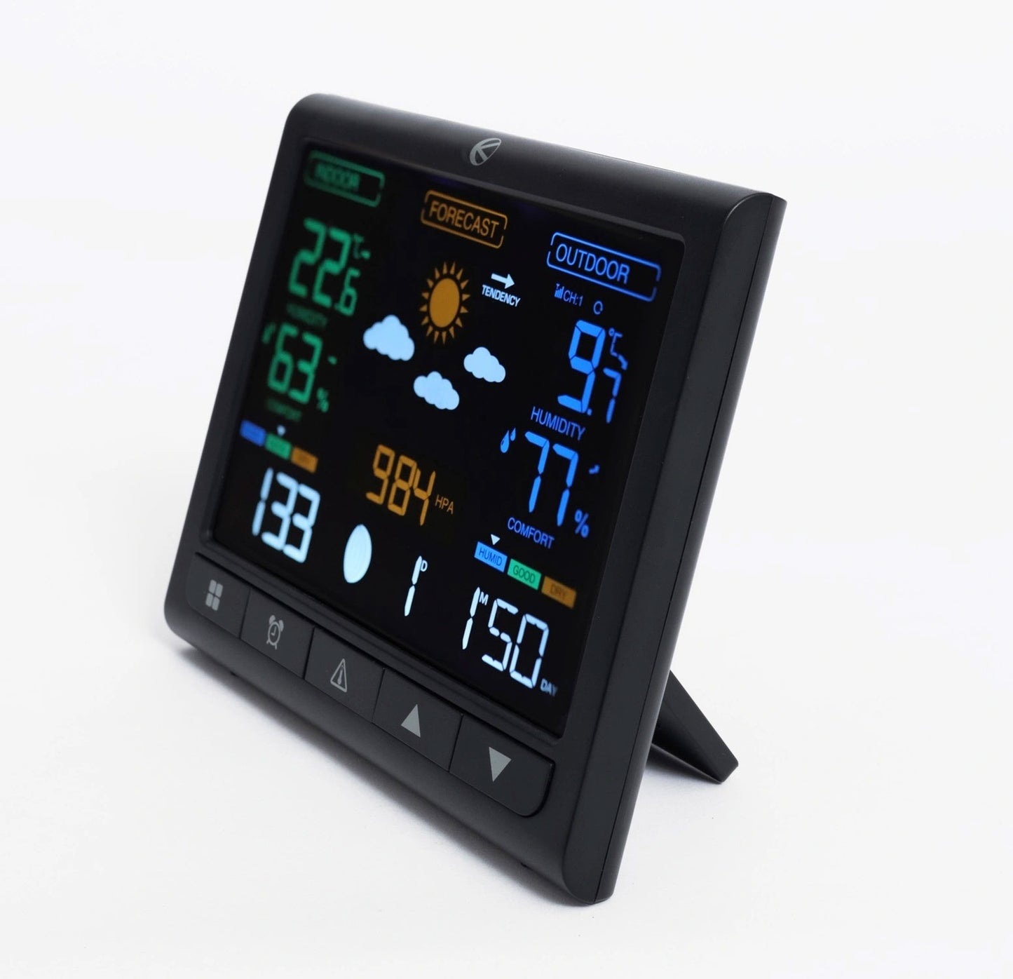Backlit wireless weather station with outdoor sensor, LCD display, thermometer, barometer, clock