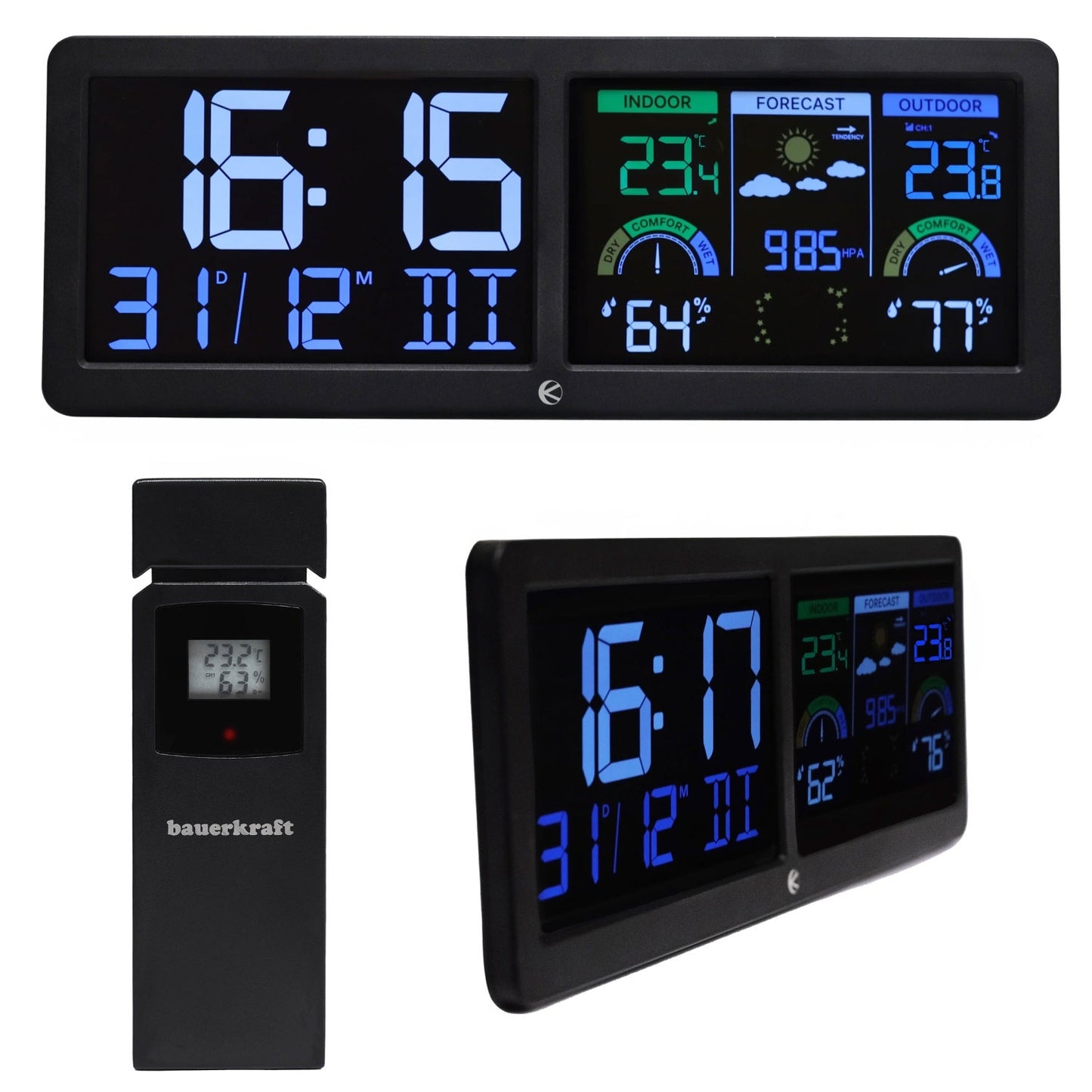 Backlit wireless weather station with outdoor sensor, thermometer, barometer, clock