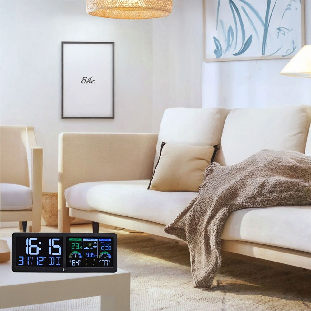 Backlit wireless weather station with outdoor sensor, thermometer, barometer, clock