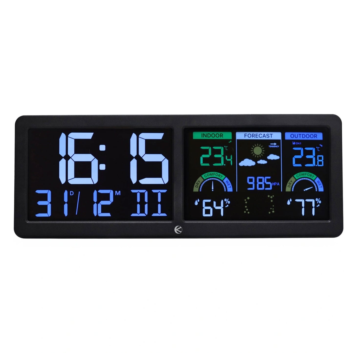 Backlit wireless weather station with outdoor sensor, thermometer, barometer, clock